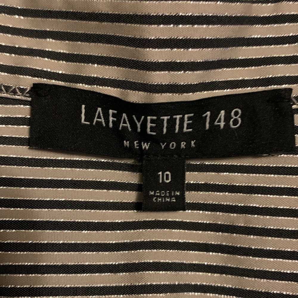 LAFAYETTE 148 NY Stripe Shimmer Button Down Long Sleeve Blouse Black Beige SZ 10 - Picture 9 of 16